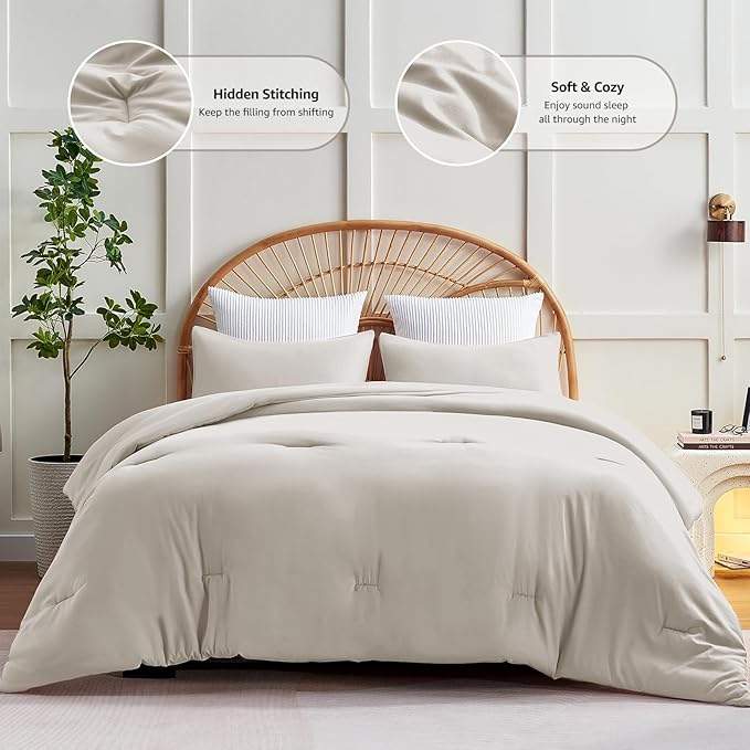 CozyLux Beige Comforter Set King Size, 3 Pieces Boho Solid Breathable Quilted Style Bedding Sets, Luxury Fluffy Soft Microfiber Comforter for All Season(1 Comforter & 2 Pillowcases) - LeafyLoom