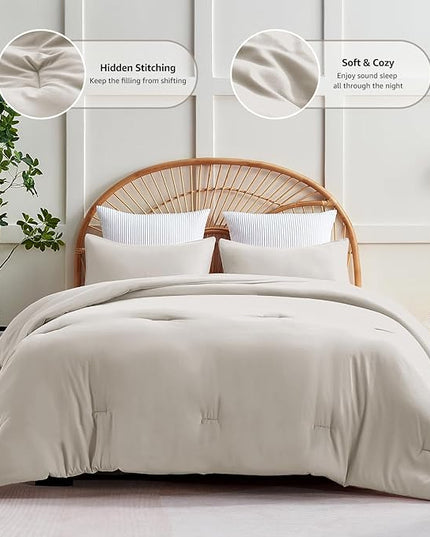 CozyLux Beige Comforter Set Full Size, 3 Pieces Solid Breathable Quilted Style Bedding Sets, Luxury Fluffy Soft Microfiber Comforter for All Season(1 Comforter & 2 Pillowcases) - LeafyLoom
