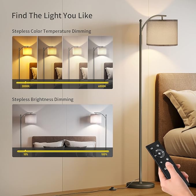 SUNMORY Dimmable Floor Lamp with Remote Control, Lamp for Living Room Stepless Color Temperature and Brightness, Standing Lamp for Bedroom and Office with 1H Timer, Gray Floor Lamp with Gray Shade - LeafyLoom