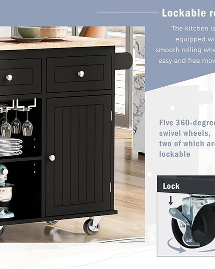 Kitchen Island with Power Outlet,Drop Leaf and Rubber Wood,Open Storage & Wine Rack,Storage Cart with 5 casters,w/Adjustable Storage for Home, Kitchen, and Dining Room, Black - LeafyLoom
