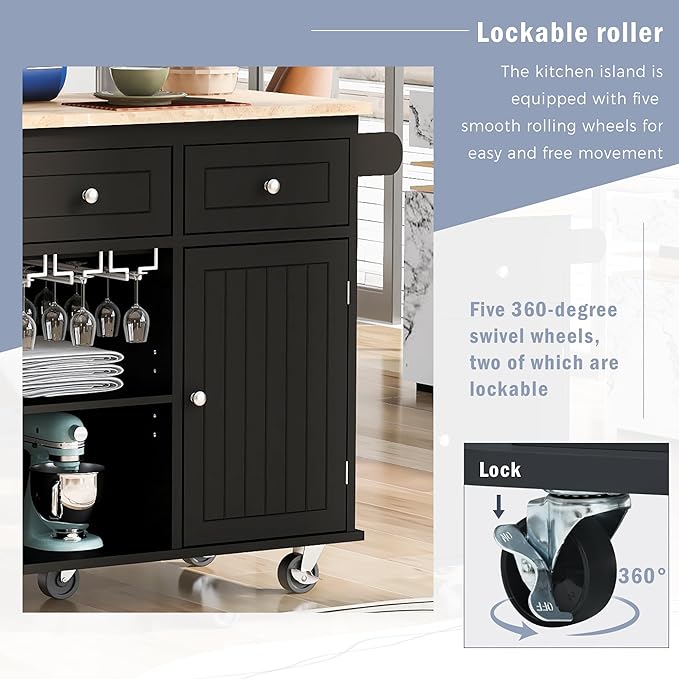 Kitchen Island with Power Outlet,Drop Leaf and Rubber Wood,Open Storage & Wine Rack,Storage Cart with 5 casters,w/Adjustable Storage for Home, Kitchen, and Dining Room, Black - LeafyLoom