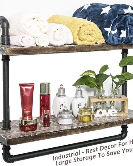 Industrial Retro Wall Mounted Iron Water Pipe Shelf/Bookcase/Shelving – Floating Shelves - Hung Bracket - DIY Storage Bookshelf – Wood Shelf - Towel Bar Hanging Storage Racks - LeafyLoom