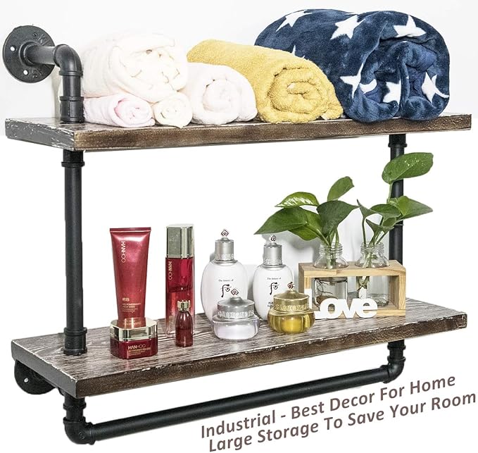 Industrial Retro Wall Mounted Iron Water Pipe Shelf/Bookcase/Shelving – Floating Shelves - Hung Bracket - DIY Storage Bookshelf – Wood Shelf - Towel Bar Hanging Storage Racks - LeafyLoom