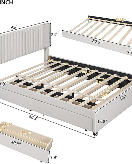 Queen Size Linen Upholstered Platform Bed with 2 Drawers and Twin XL Size Trundle,Solid Wood Bed Frame w/Classic Headboard Design,for Bedroom,Apartment,Living Room,Beige - LeafyLoom