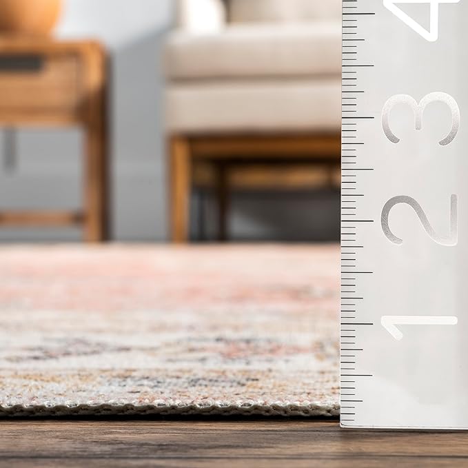 nuLOOM Ren Vintage Floral Machine Washable Ultra Thin Area Rug, 6x9, Peach - LeafyLoom