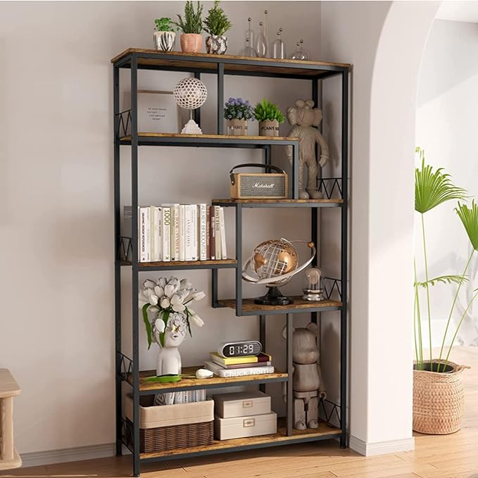Gizoon 71” Industrial Bookshelves for Storage, Tall Display Etagere 8-Shelves for Bedroom, Metal Frame Staggered Bookcases for Bedroom, Living Room, Home Office, Retro - LeafyLoom