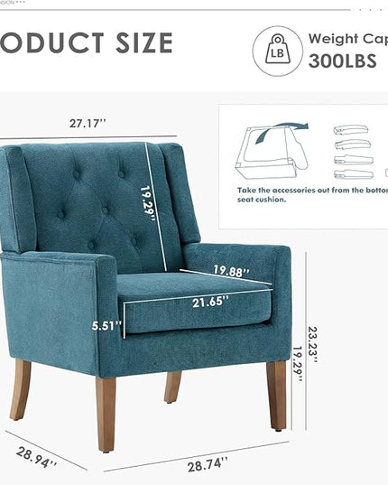 COLAMY Mid-Century Accent Chairs, Modern Wingback Living Room Chair, Upholstered Armchair with Button Tufted Back and Wood Legs for Bedroom/Office/Reading Spaces, Teal - LeafyLoom