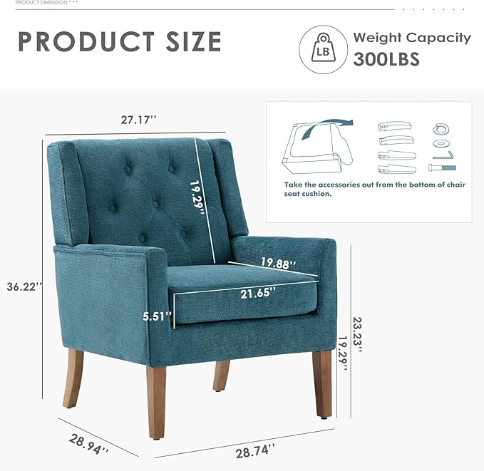 COLAMY Mid-Century Accent Chairs, Modern Wingback Living Room Chair, Upholstered Armchair with Button Tufted Back and Wood Legs for Bedroom/Office/Reading Spaces, Teal - LeafyLoom