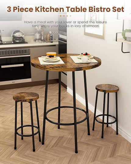 Recaceik 3 Piece Pub Dining Set, Modern Round bar Table and Stools for 2 Kitchen Counter Height Wood Top Bistro Easy Assemble for Breakfast Nook Living Room Small Space Restaurant, Rustic Brown 23 - LeafyLoom