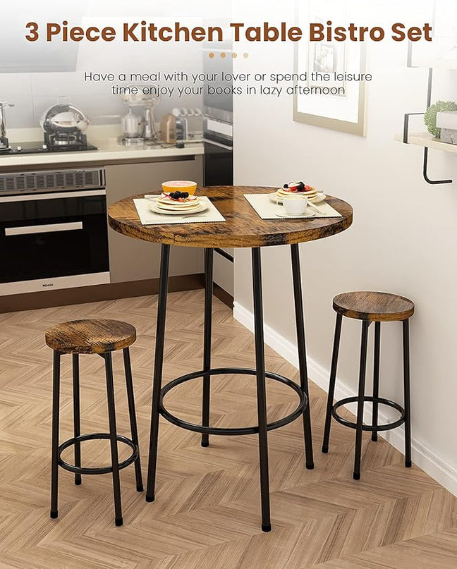 Recaceik 3 Piece Pub Dining Set, Modern Round bar Table and Stools for 2 Kitchen Counter Height Wood Top Bistro Easy Assemble for Breakfast Nook Living Room Small Space Restaurant, Rustic Brown 23 - LeafyLoom