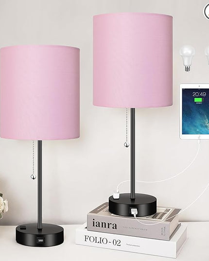 WIHTU 3 Color Temperature Bedside Table Lamps Set of 2, Modern Small Lamp with USB and Outlet, Bedroom Lamp for Nightstand with Chain Switch, Pink Desk Lamp for Living Room, Two Bulbs Included - LeafyLoom