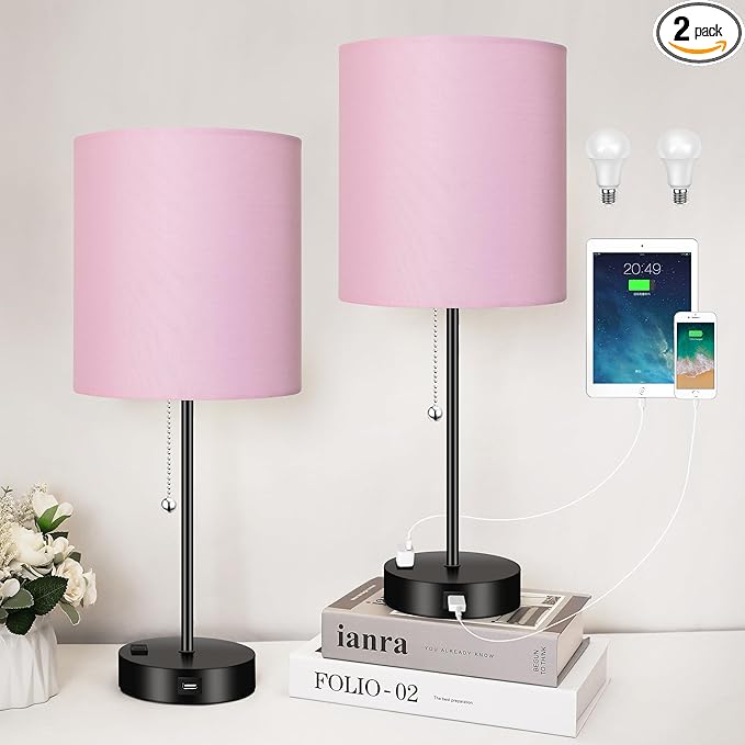WIHTU 3 Color Temperature Bedside Table Lamps Set of 2, Modern Small Lamp with USB and Outlet, Bedroom Lamp for Nightstand with Chain Switch, Pink Desk Lamp for Living Room, Two Bulbs Included - LeafyLoom