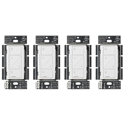 Lutron Caseta Original Smart Dimmer Switch (Lutron Smart Hub Required), for LED Lights, 150 Watt, Single-Pole/3-Way, No Neutral Required, PD-6WCL-WH 4-PACK, White, 4 Pack Lutron