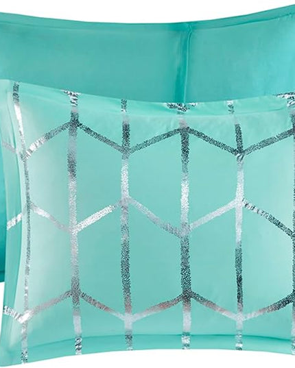 Intelligent Design Raina Twin / Twin XL Comforter Set, Soft Microfiber Comforter Set Twin, Modern Geometric Metallic Bed Set, 4 Pieces College Bedding Comforter Set with 1 Sham, 2 Toss Pillows Aqua - LeafyLoom