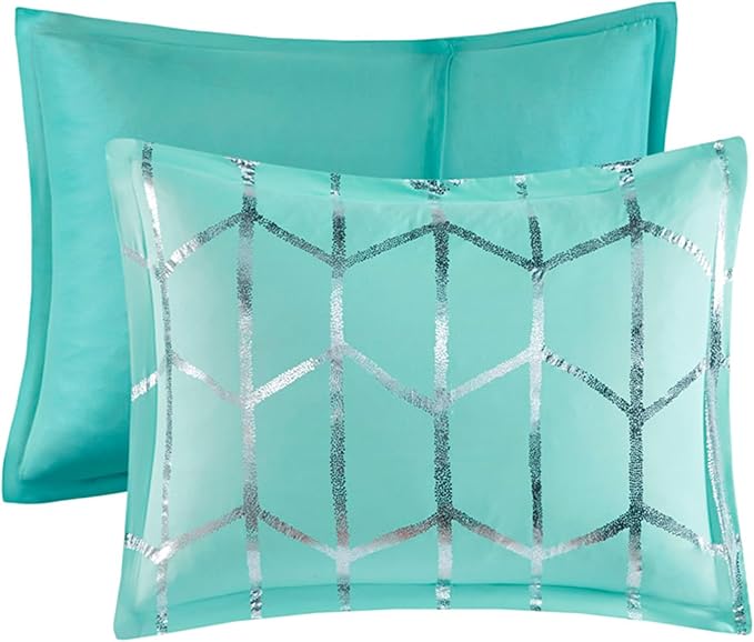 Intelligent Design Raina Twin / Twin XL Comforter Set, Soft Microfiber Comforter Set Twin, Modern Geometric Metallic Bed Set, 4 Pieces College Bedding Comforter Set with 1 Sham, 2 Toss Pillows Aqua - LeafyLoom