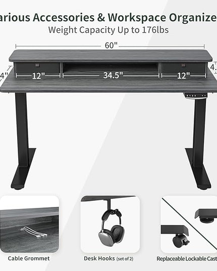 FEZIBO 60 x 24 Inch Height Adjustable Electric Standing Desk with Double Drawer, Stand Up Desk with Storage Shelf, Sit Stand Desk, Grey - LeafyLoom