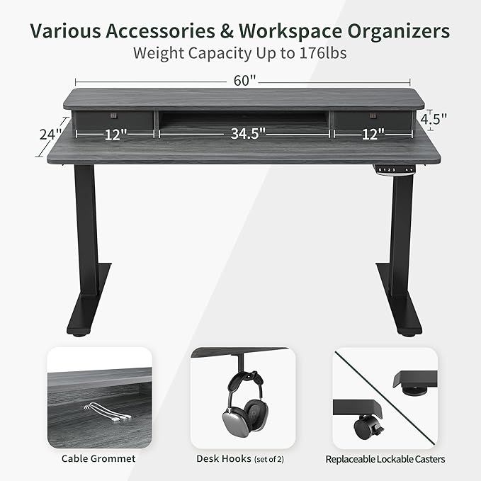 FEZIBO 60 x 24 Inch Height Adjustable Electric Standing Desk with Double Drawer, Stand Up Desk with Storage Shelf, Sit Stand Desk, Grey - LeafyLoom
