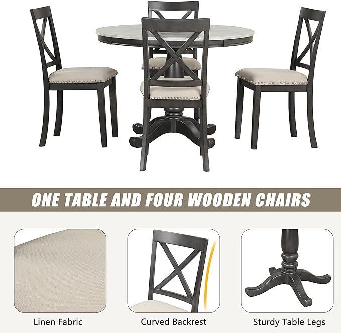 NicBex Dining Table Set Kitchen & Dining Room Tables 5 Pieces Dining Table and Chairs Set for 4 Persons, Kitchen Room Solid Wood Table with 4 Chairs for Small Space, Gray - LeafyLoom