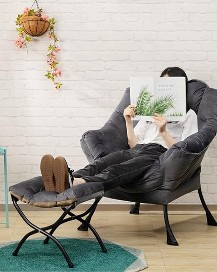 HollyHOME Fabric Lazy Chair with Foldable Ottoman, Accent Comfy Lounge Arm Chair and Folding Footrest Stool Set, Leisure Sofa Reading Chair and Footstool for Living Room, Bedroom, Dorm, Smoky Grey - LeafyLoom