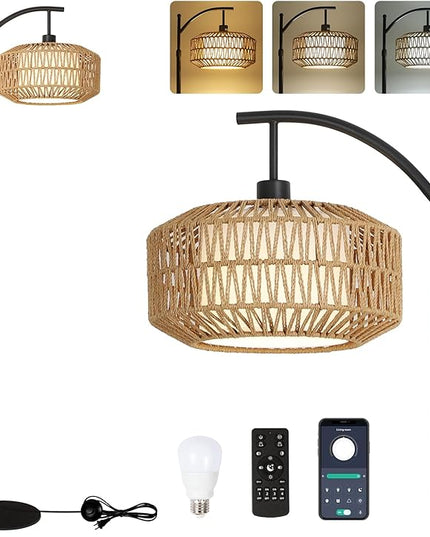 Arc Floor Lamps for Living Room, Dimmable Rattan Floor Lamp with Remote & LED Bulb, Mid Century Modern Standing Lamp with Double Shades, Boho Farmhouse Tall Pole Lamps for Bedroom Office - LeafyLoom