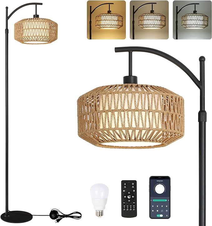 Arc Floor Lamps for Living Room, Dimmable Rattan Floor Lamp with Remote & LED Bulb, Mid Century Modern Standing Lamp with Double Shades, Boho Farmhouse Tall Pole Lamps for Bedroom Office - LeafyLoom