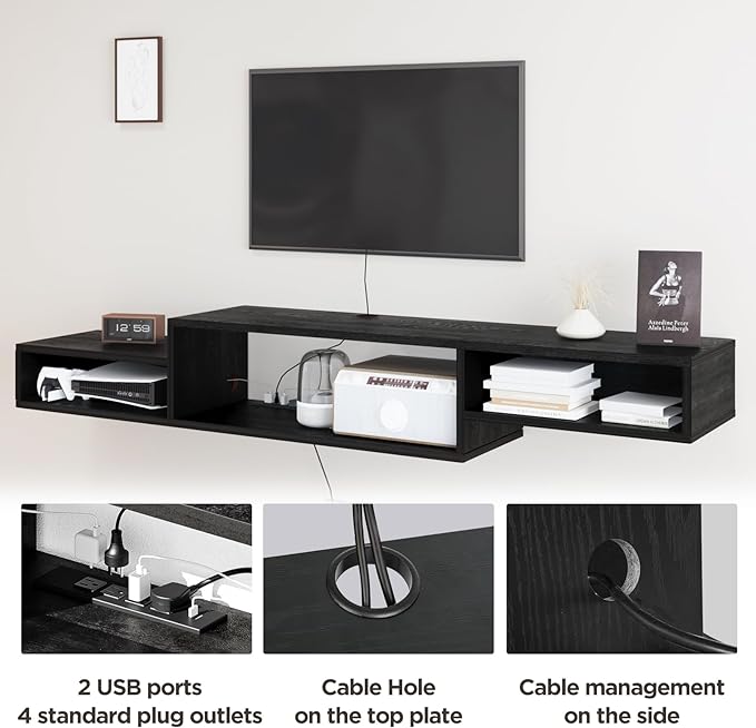 Floating TV Stand Wall Mounted with Power Outlet 70", Floating Entertainment Center, Wood Media Console Shelf for Under TV Storage for Living Room Bedroom Office, Black - LeafyLoom