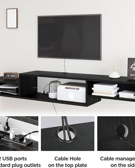 Floating TV Stand Wall Mounted with Power Outlet 59", Floating Entertainment Center, Wood Media Console Shelf for Under TV Storage for Living Room Bedroom Office, Black - LeafyLoom