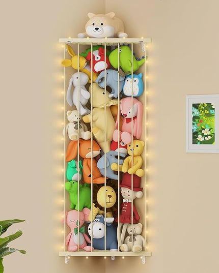 Stuffed Animal Storage Toy Organizer: Corner Stuff Animals Holder for Wall with LED Light - Kids Plush Toys Storage with Adjustable Length for Nursery Playroom Bedroom Kids Room(Beige) - LeafyLoom