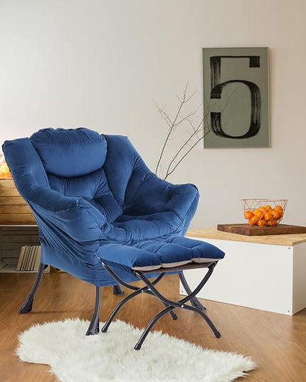 LITA Lazy Chair with Ottoman, Modern Accent Leisure Upholstered Sofa Chair, Contemporary Lounge Reading Chair with Armrests and a Side Pocket for Living Room, Bedroom & Small Space, Royal Blue - LeafyLoom
