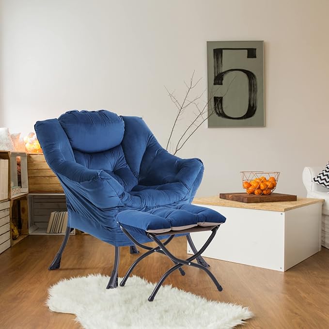 LITA Lazy Chair with Ottoman, Modern Accent Leisure Upholstered Sofa Chair, Contemporary Lounge Reading Chair with Armrests and a Side Pocket for Living Room, Bedroom & Small Space, Royal Blue - LeafyLoom