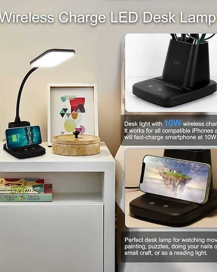 Sailstar Desk Lamp, LED Desk Lamps for Home Office, Wireless Charger Small Desk Lamp with Pen Holder, 3 Color Modes, Dimmable, CRI 85, 800 LM, Study Lamp for College Dorm Room, Adapter Included, Black - LeafyLoom