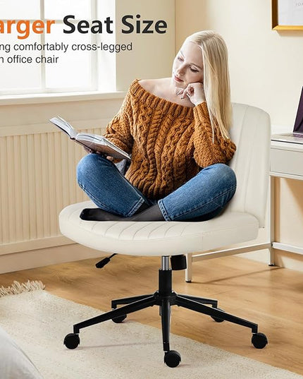 Sweetcrispy Criss Cross Office Chair with Wheels, Wide Armless Home Office Desk Chair with Dual-Purpose Base, Swivel Adjustable Leather Task Vanity Computer Chair, Cream - LeafyLoom