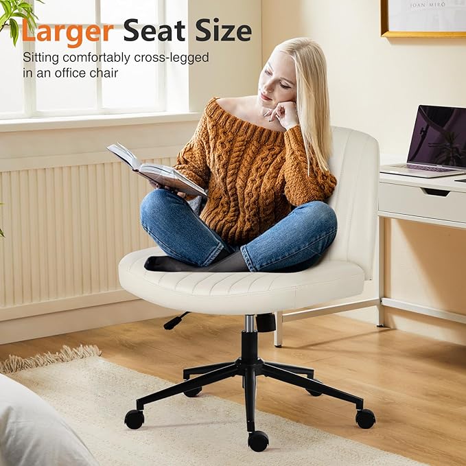 Sweetcrispy Criss Cross Office Chair with Wheels, Wide Armless Home Office Desk Chair with Dual-Purpose Base, Swivel Adjustable Leather Task Vanity Computer Chair, Cream - LeafyLoom