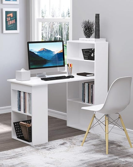 HOMCOM Modern Home Office Desk with 6-Tier Storage Shelves, 47" Writing Table with Bookshelf, White - LeafyLoom