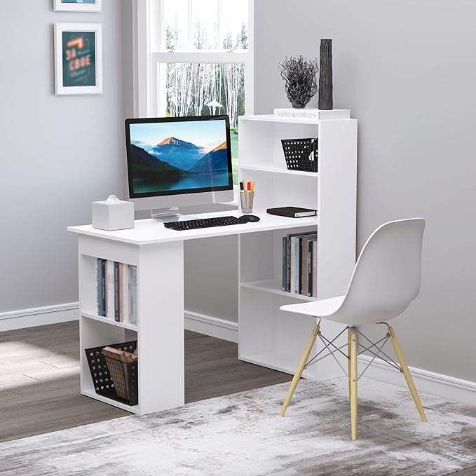 HOMCOM Modern Home Office Desk with 6-Tier Storage Shelves, 47" Writing Table with Bookshelf, White - LeafyLoom