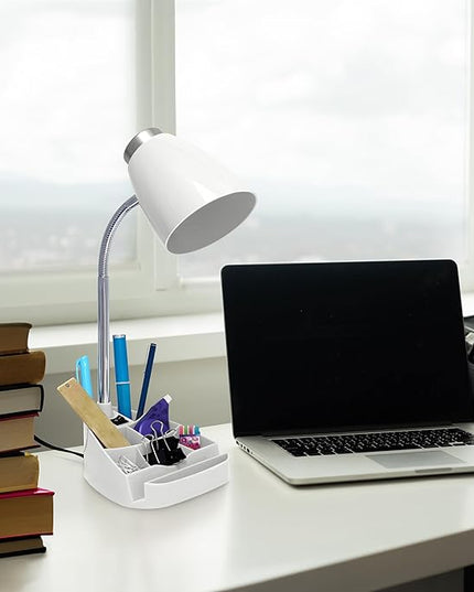 Simple Designs LD1067-WHT Compartmental Desk Lamp with iPhone/iPad/Tablet Stand, Bendable Gooseneck, for Office, Living Room, Nightstand, Library, Entryway, White - LeafyLoom