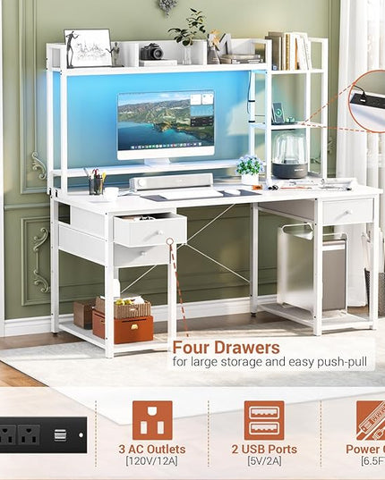 Aheaplus Desk with LED and Outlets, Gaming Desk with Hutch, 47.2'' Computer Desk with Drawers, Reversible Office Desk with Storage Bookshelf Large Workstation Desk with Shelf, Desk for Home, White - LeafyLoom