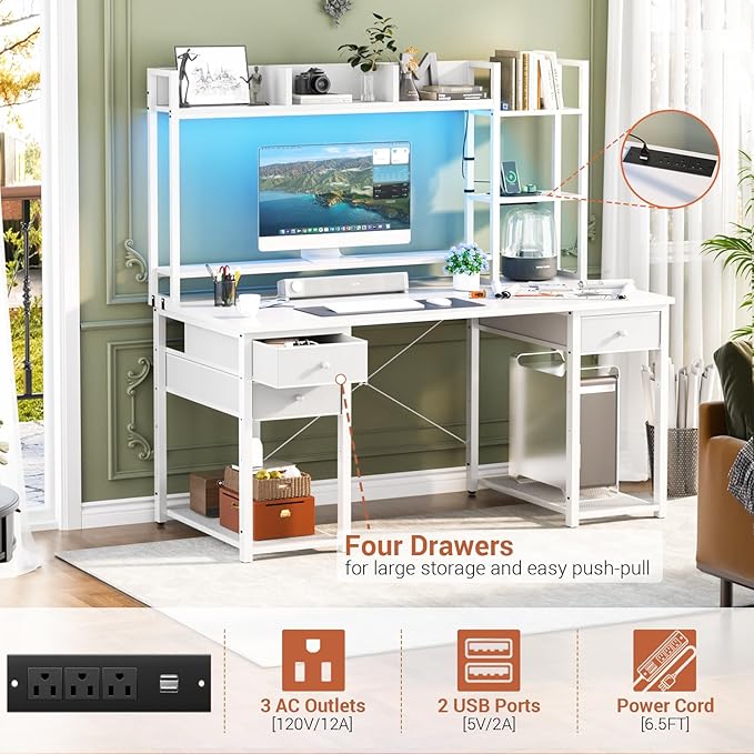Aheaplus Desk with LED and Outlets, Gaming Desk with Hutch, 47.2'' Computer Desk with Drawers, Reversible Office Desk with Storage Bookshelf Large Workstation Desk with Shelf, Desk for Home, White - LeafyLoom