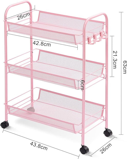 TOOLF 3-Tier Metal Rolling Cart, Mesh Wire Easy Assemble Utility Cart, Storage Trolley on Wheels with 3 Hooks, MetalStorage Shelving Units for Kitchen Bathroom Laundry Room - LeafyLoom