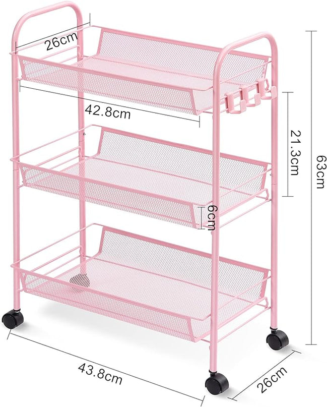 TOOLF 3-Tier Metal Rolling Cart, Mesh Wire Easy Assemble Utility Cart, Storage Trolley on Wheels with 3 Hooks, MetalStorage Shelving Units for Kitchen Bathroom Laundry Room - LeafyLoom