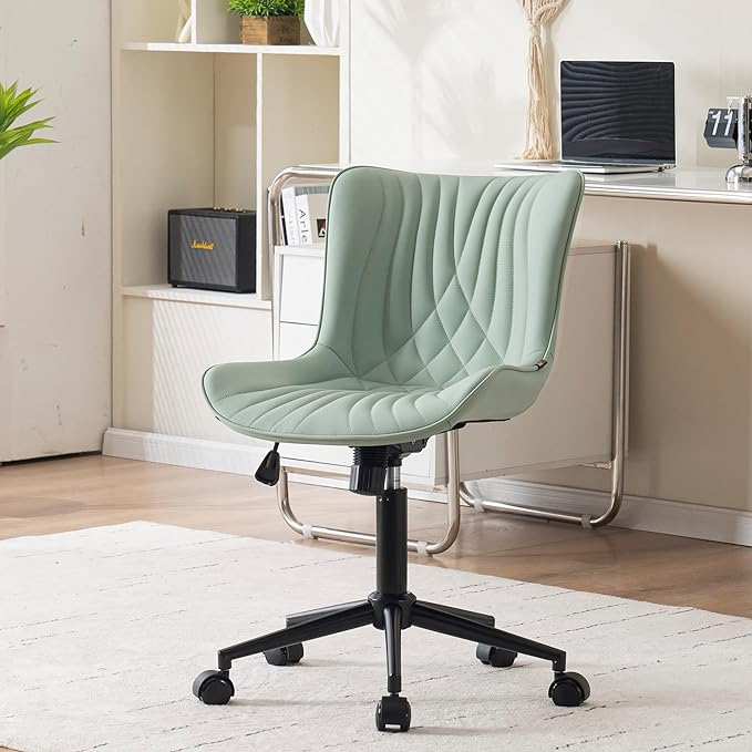 YOUNIKE Office Chair, Armless Desk Chair with Wheels, Home Office Computer Task Chairs, Modern Faux Leather Padded Vanity Chair, Adjustable Swivel Rolling Office Chair with Back, Mint Green - LeafyLoom