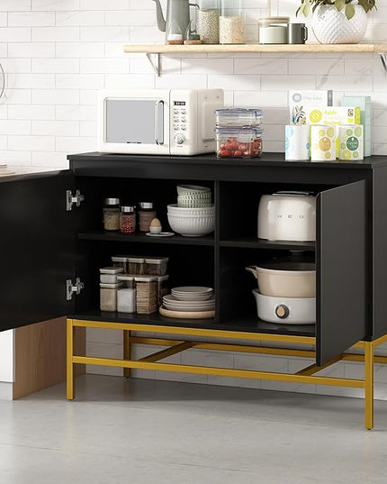 39.4" Minimalist & Luxury Two Door Sideboard with Gold Metal Legs,Freestandin Storage Buffet Cabinet,w/Adjustable Shelves,for Living, Dining Room,Entrance Passage,Black - LeafyLoom