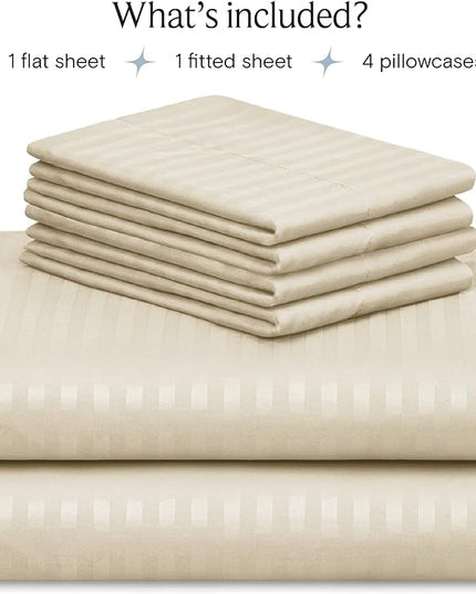 LuxClub 6 PC Full Size Sheet Set Bed Sheets, Breathable Luxury Bed Sheets, Deep Pockets 18" Wrinkle Free Cooling Bed Sheets Machine Washable Hotel Bedding (Full, Striped Cream) - LeafyLoom