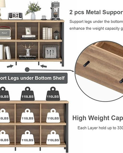 FATORRI 6 Cube Storage Organizer with Shelf, Long Wood and Metal Cubby Bookcase, Industrial Horizontal Bookshelf (Rustic Oak, 47 Inch) - LeafyLoom