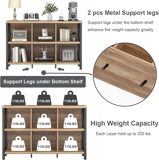 FATORRI 6 Cube Storage Organizer with Shelf, Long Wood and Metal Cubby Bookcase, Industrial Horizontal Bookshelf (Rustic Oak, 47 Inch) - LeafyLoom