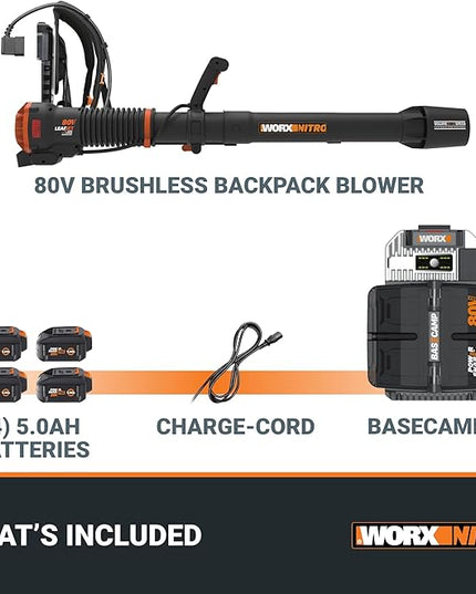 Worx Nitro 80V Cordless Leaf Blower, 800 CFM 150 MPH, Brushless Backpack Electric Leaf Blower WG572, Turbine Fan, Variable Air Control – 4 PowerShare Batteries, Basecamp Charger Included - LeafyLoom
