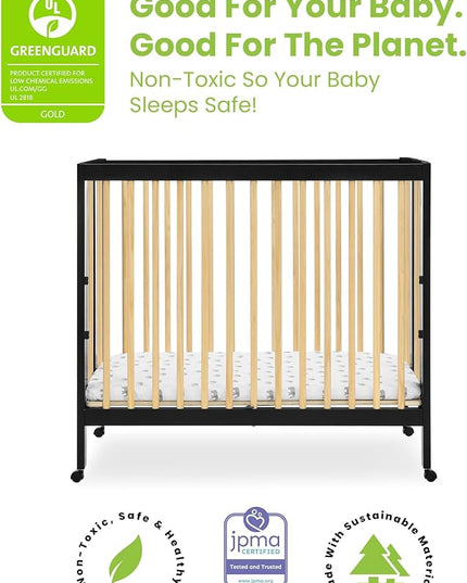 Delta Children Mia Portable Folding Mini Crib with 1.5-Inch Mattress - Greenguard Gold Certified, Ebony Black/Natural - LeafyLoom