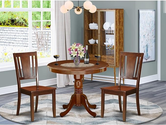 East West Furniture ANDU3-MAH-W Antique 3 Piece Set Contains a Round Kitchen Table with Pedestal and 2 Dining Room Chairs, 36x36 Inch, Mahogany - LeafyLoom