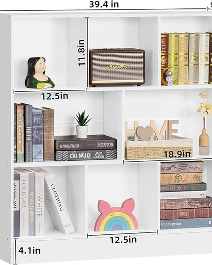 YAHARBO White 3 Tier Bookshelf,Wide Modern Horizontal Bookcase,Wood Low Book Shelf,Wide Display Storage Cabinet with Base,Floor Standing 8 Cube Large Bookcases Organizer for Bedroom,Living Room,Office - LeafyLoom