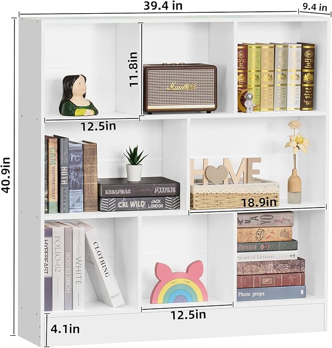 YAHARBO White 3 Tier Bookshelf,Wide Modern Horizontal Bookcase,Wood Low Book Shelf,Wide Display Storage Cabinet with Base,Floor Standing 8 Cube Large Bookcases Organizer for Bedroom,Living Room,Office - LeafyLoom